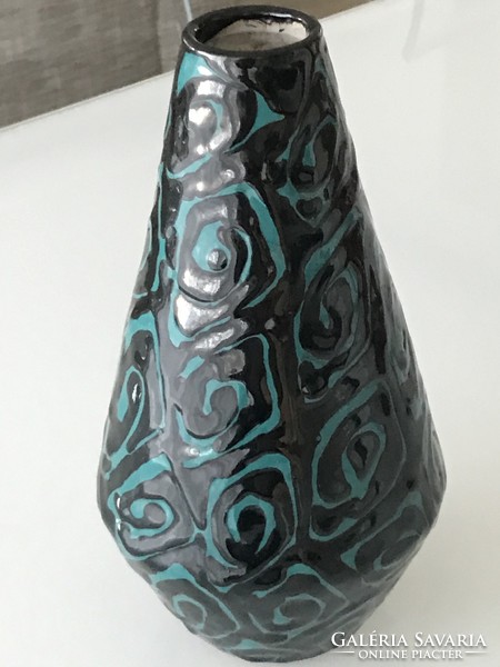 Retro black and turquoise glazed ceramic vase, 20 cm