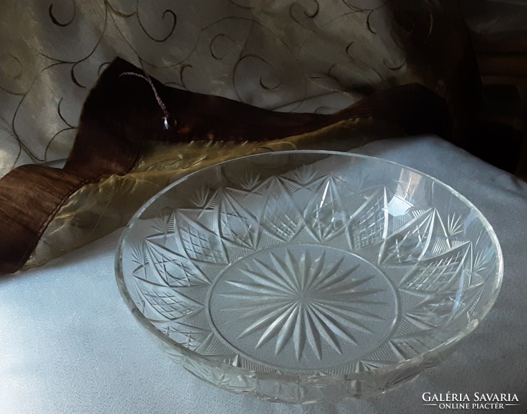 Antik kristály asztalközép, 21 cm széles kínáló nagyon szép csiszolt mintával