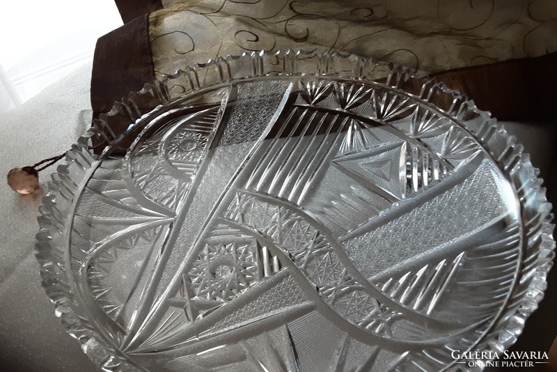 Antik ólomkristály asztalközép, kínáló, 28 cm, szép csiszolt mintával