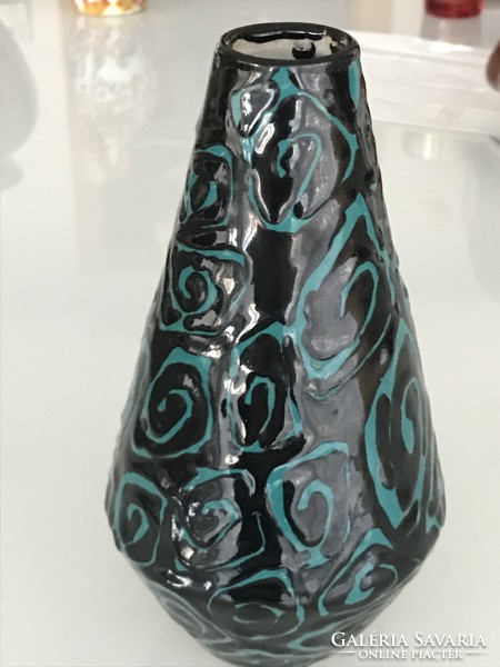 Retro black and turquoise glazed ceramic vase, 20 cm