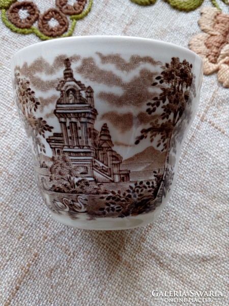 English porcelain sugar bowl with a Renaissance castle pattern with swans