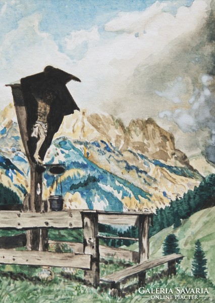 Útszéli kereszt a hegyek között - akvarell
