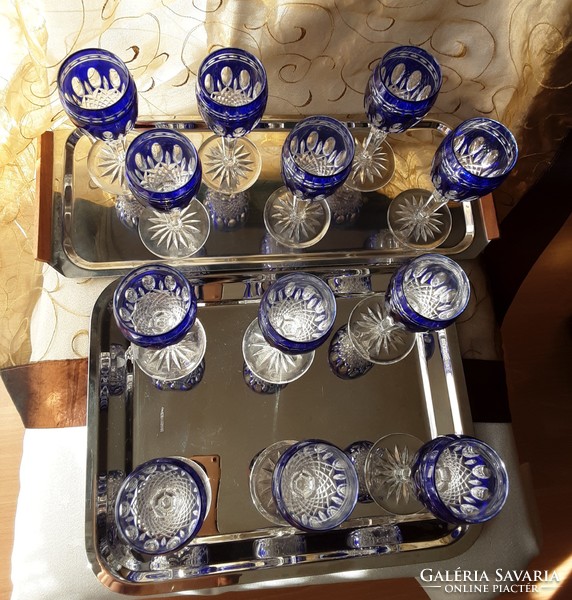 Royal blue lead crystal liqueur 2pcs set of 6pcs, hand polished, original, kept in display case