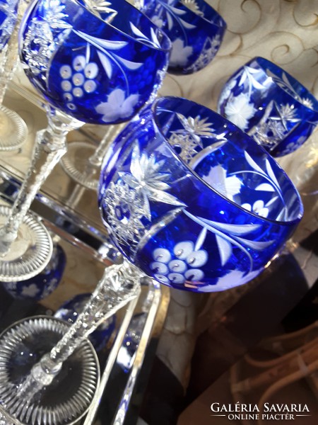 Royal blue lead crystal wine, set of 6, hand polished, original, kept in display case