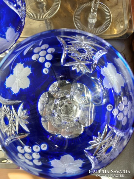 Royal blue lead crystal wine, set of 6, hand polished, original, kept in display case