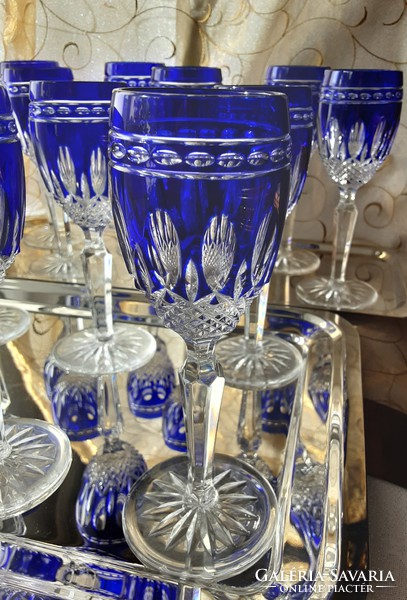 Royal blue lead crystal liqueur 2pcs set of 6pcs, hand polished, original, kept in display case