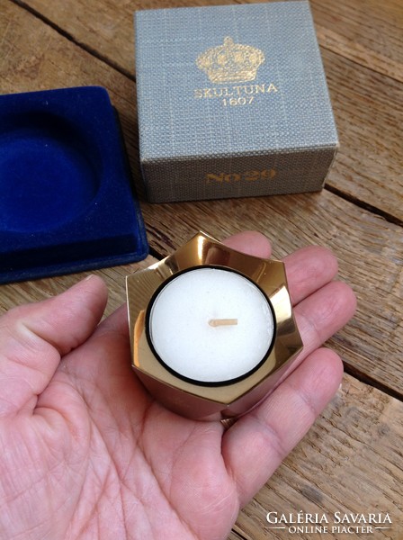Régi svéd SKULTUNA design aranyozott réz mécsestartó ritkaság dobozában