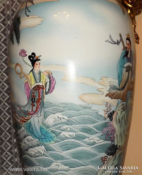 Huge Chinese porcelain vase with hand-painted whitewashed scene, castle trim