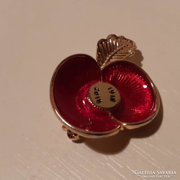 Gold-plated fire enamel poppy brooch inside 1918-2018. With no.