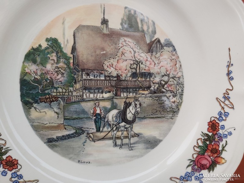 Obernai Sarreguemines Gyönyörű jelenetes fajansz tányér,  25 cm az átmérője, Gyűjtői darab lovas