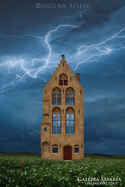 Moira Risen Gótikus díszlet Kortárs szignált fine art nyomat vihar villám középkor építészet tégla