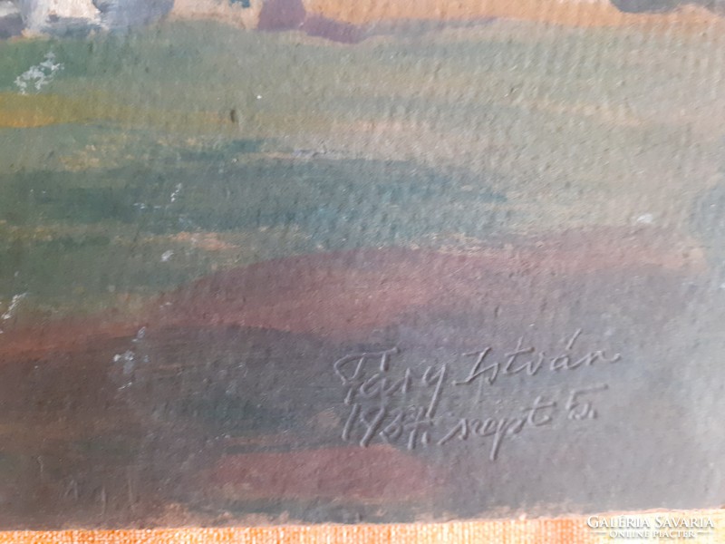 TANYAVILÁG, 1934 (olajfestmény 25x35 cm) régi darab a XX. sz. első feléből - síkság, alföld
