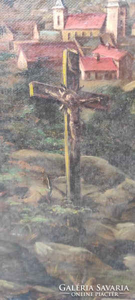 Antik festmény 1800 As évek végéről származó Szignàlt figuràlisTàjkép.