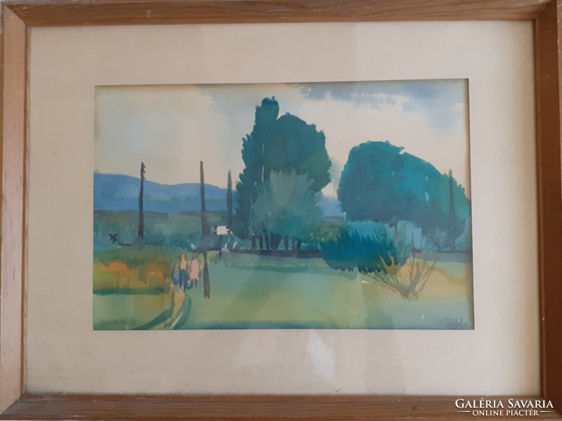 Sarkadi: Út Vonyarcvashegyre (akvarell 22,5x 35cm) tájkép hegyekkel, természet, Zala megye