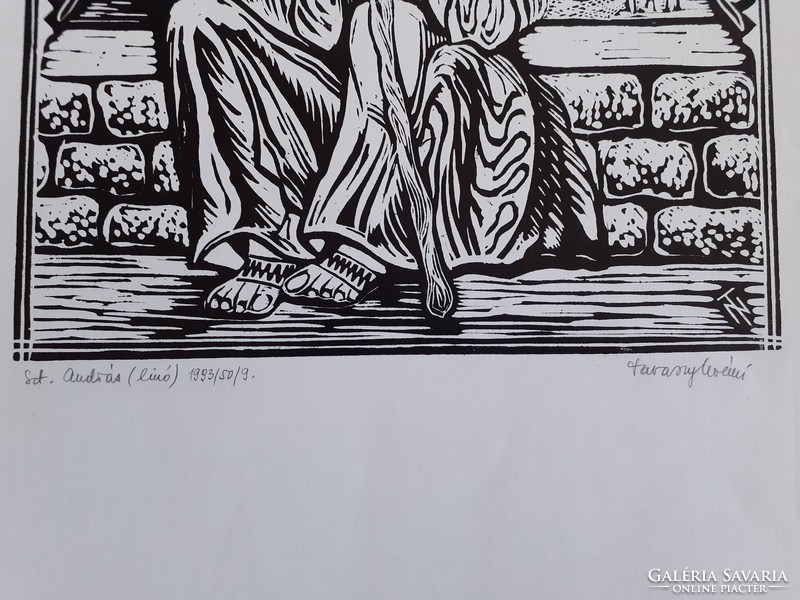 TAVASZY NOÉMI: Szt. András (linó) 1993 - Biblia, szent portréja, fekete-fehér emberábrázolás
