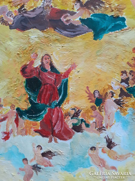 Mennyországi jelenet angyalokkal (olajfestmény, 30x40 cm) Biblia, vallási, egyházi, mitológia
