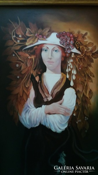 Ismmeretlen festő: női portré olaj, vászon festmény, hibátlan 120 x 80 cm, felújított keretben!