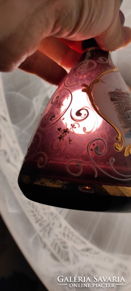 Velence, Murànói üveg likörös készlet,Italos dugós palackVelence képpel, színes festett ritkasàg