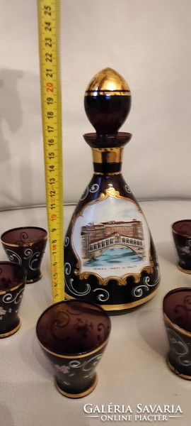 Venice, Murano glass liqueur set with beverage stopper bottle veneer, color painted rarity