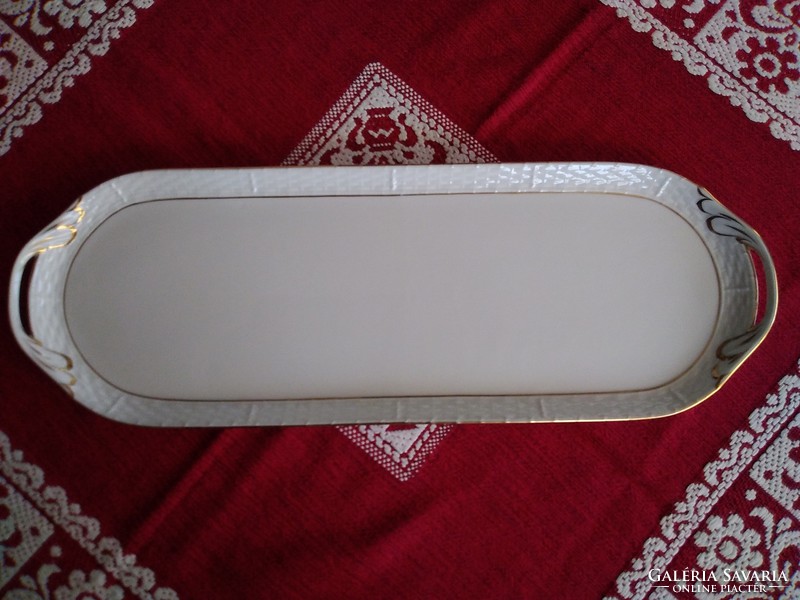 White-gold Herend porcelain serving tray with basket-weave edge, gold decoration!