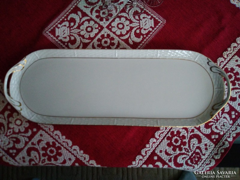 White-gold Herend porcelain serving tray with basket-weave edge, gold decoration!