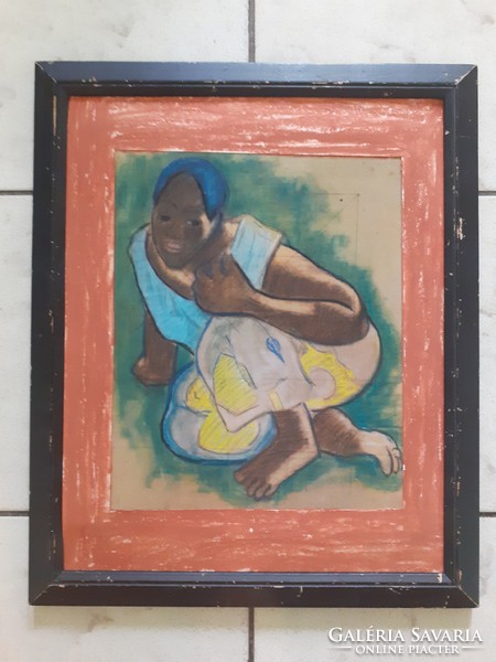 PAUL GAUGUIN: Guggoló tahiti nő (portré, 18x22) emberalak tanulmány-másolat, "Mikor házasodsz meg?"