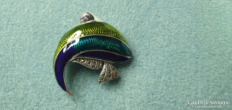 Fabulous fish-shaped ruby, marcasite gemstone sterling silver /925/ ear-pendant/ brooch- new