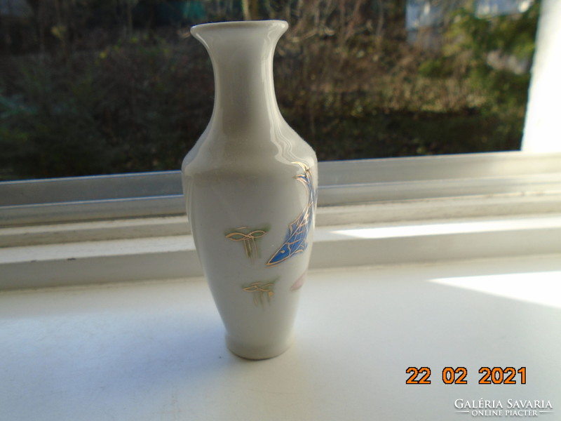 Japanese hand-painted, gold-contoured blue and pink koi fish pattern, hand-marked vase
