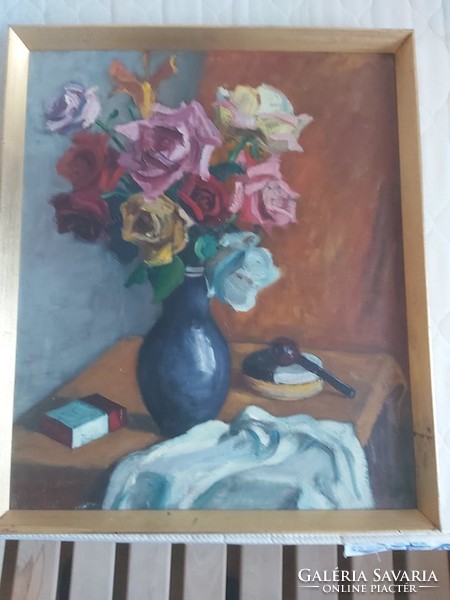 Félegyházy Gyula (1879-1966): Rózsák pipával (olaj-vászon csendélet 60x50 cm) virágok, Félegyházi