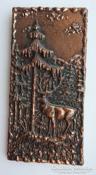 Deer in the pine forest - bronzed metal wall relief - mural