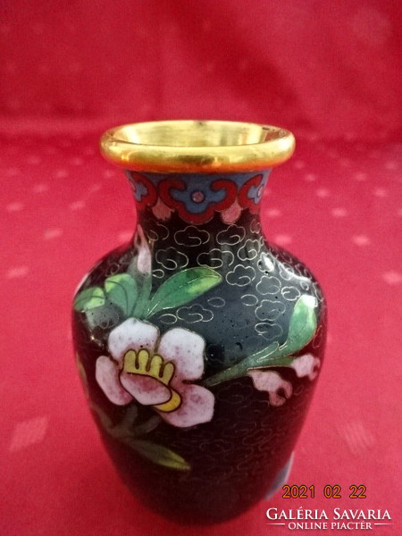 Tűzzománc váza, fekete alapon rózsaszín virággal, magassága 8 cm. Vanneki!