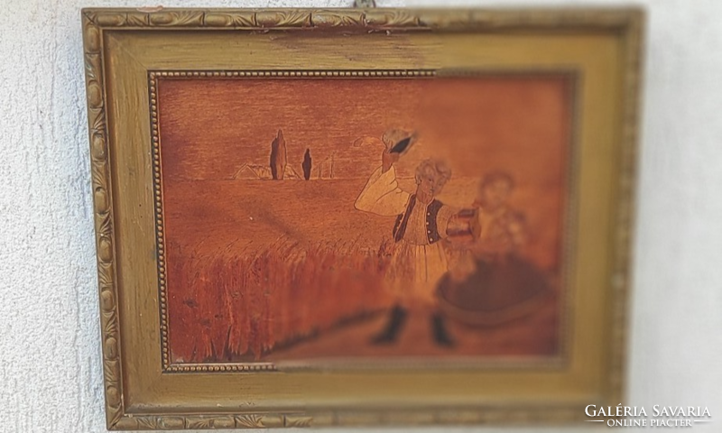 Intarzia kép, keretben,jelenetes népviseletbe öltözött leàny,és fiú, gabona mező a hàttérben!