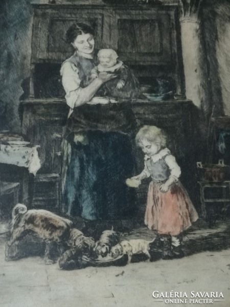 Munkácsy Mihály után, Kórusz József - Két család színezett rézkarc 1953