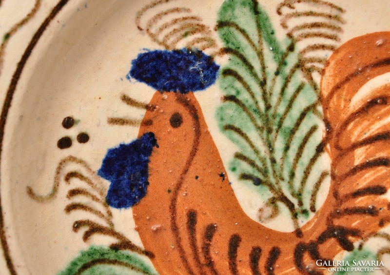 Transylvanian Korund brown wall plate with rooster, peasant plate, phenomenal.