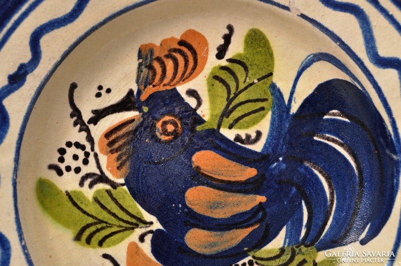 Transylvanian Korund blue wall plate with rooster, peasant plate, phenomenal