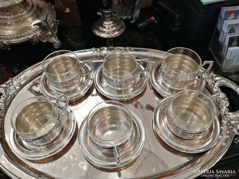 Ezüst szecessziós kávés pohár alátéttel készlet, üveg betéttel.
