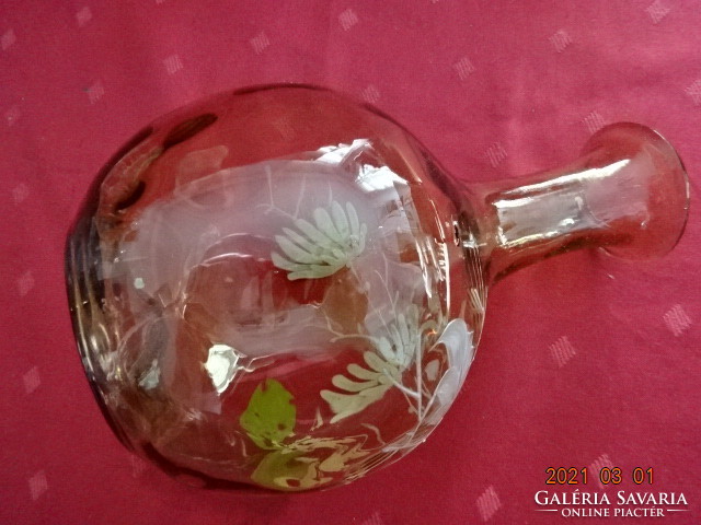 Hand-painted, floral patterned greenish glass decanter, height 17.5 cm. He has! Jókai.