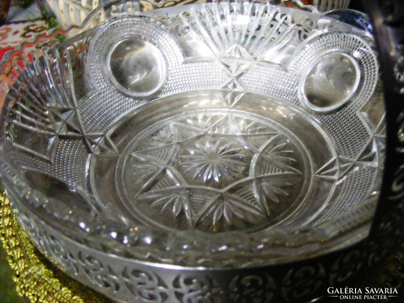 Beautiful, antique, large-sized, alpaca, glass inlay, serving bowl with handles, centerpiece