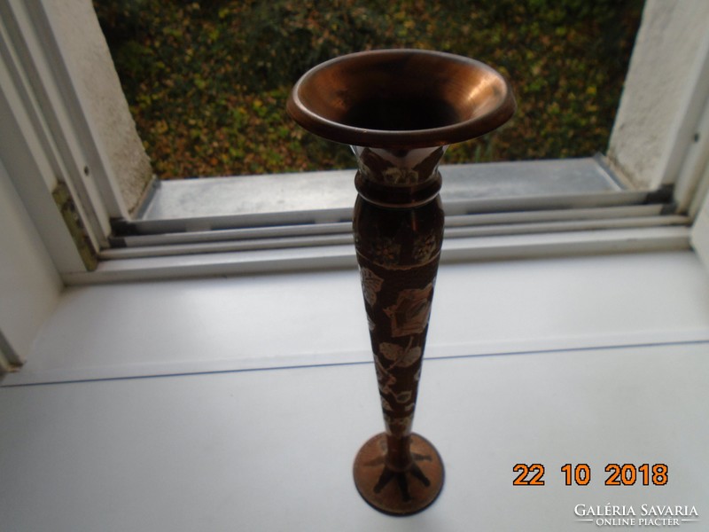 Antique oriental handicraft, high flower pattern, silver and copper inlay, chiseled copper vase 30 cm