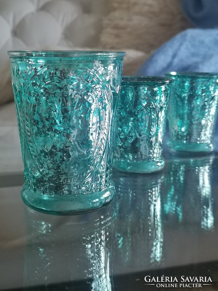 Türkiz, foncsoros üveg mécses tartók, poharak 10 cm