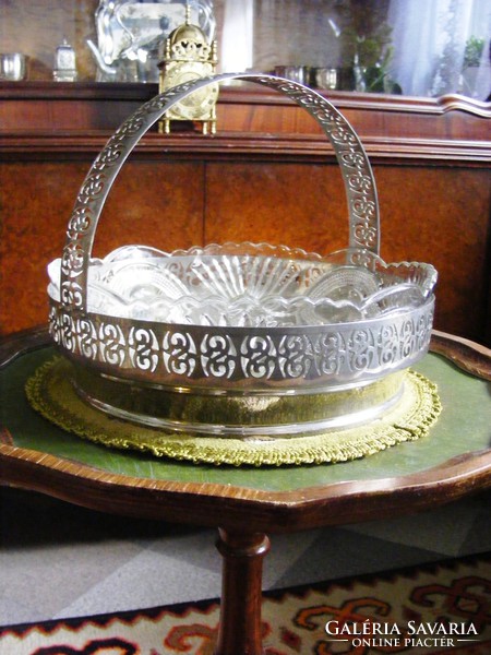 Beautiful, antique, large-sized, alpaca, glass inlay, serving bowl with handles, centerpiece