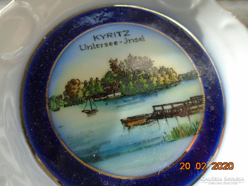 Antik kézzel festett kis miniatűr tájkép,Kyritz,Brandenburg suvenir kistányér.