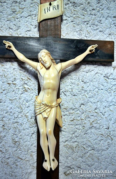 59. Antik, CSONT Jézus Krisztus (14 cm hatalmas méretek!)  27 cm-es feszület, impozáns