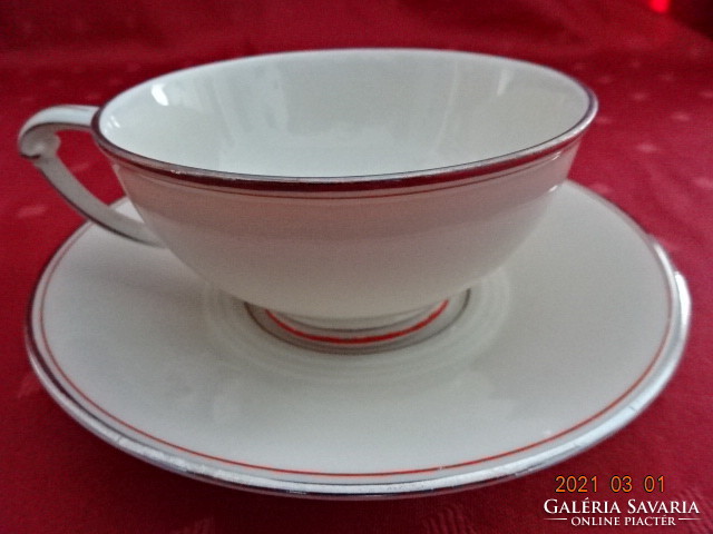 PIRKEN HAMMER német porcelán, antik teáscsésze + alátét, ezüst és piros csíkkal díszítve. Vanneki!