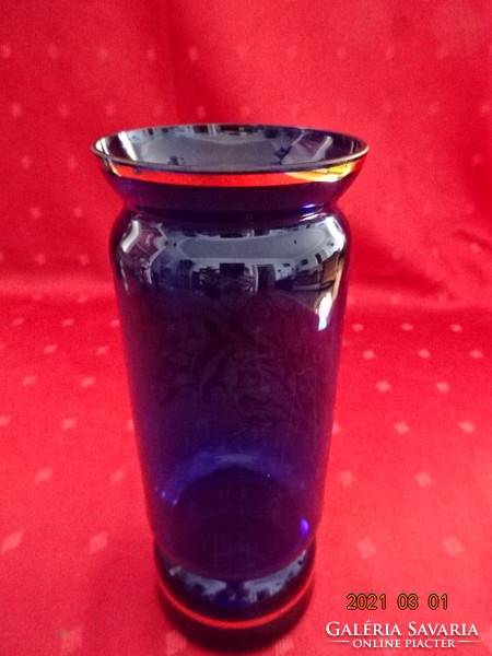 Kobalt kék üveg váza, arany rózsával és csíkokkal, magassága 19 cm. Vanneki!