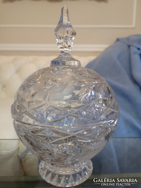 Rózsás, reprezentatív kristály bonbonier, asztalközép, 26 cm