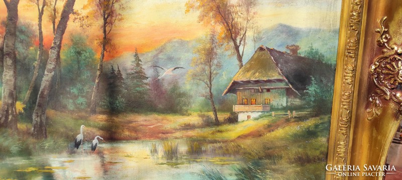 Huge painting, landscape with beautiful colors, storks, hercegfalvy m.