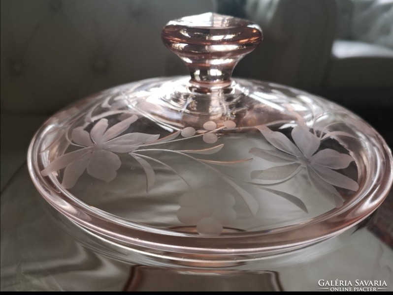 Crystal glass nodule bowl with giant lid in pink serving, 30 cm