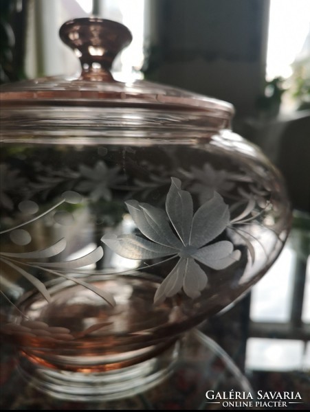 Crystal glass nodule bowl with giant lid in pink serving, 30 cm