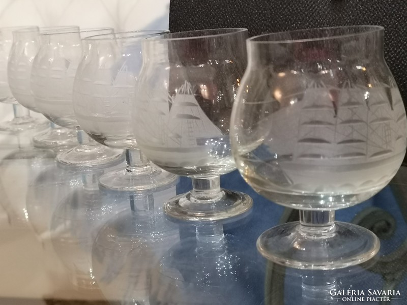 Sailboat engraved, mouth-blown, crystal glass, 6 pieces, hand-engraved